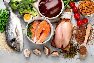 Food high in iron on light gray background. Healthy eating concept.