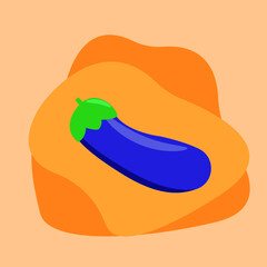 Vector image of a  purple eggplant  with a twig and a leaf with a shadow and glare on a orange  isolated background.