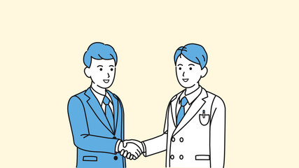 握手をする白衣を着た男性とビジネスマン　医者　科学者　支援　契約　イラスト素材