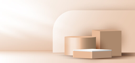 3D realistic elegant brown geometric cylinder, cube on layers rounded backdrop on beige background