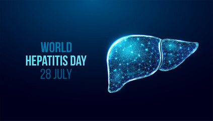 Liver wireframe. World hepatitis day concept. Banner template with glowing low poly liver. Futuristic modern abstract. Isolated on dark background. Vector illustration. - obrazy, fototapety, plakaty