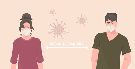 couple wearing medical masks man woman make social distancing to prevent coronavirus cells spreading