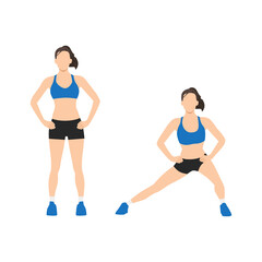 Obraz na płótnie Canvas Woman doing Body weight side steps. Lateral lunges exercise. Flat vector illustration isolated on white background
