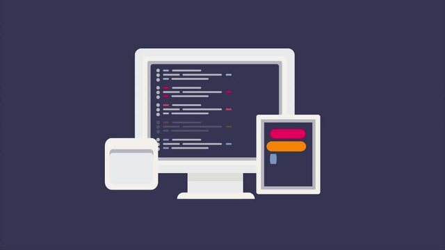 Code, programming web development, software application - mobile app, source code app window, Data processing computer system development concept, information technology, 2d animation.