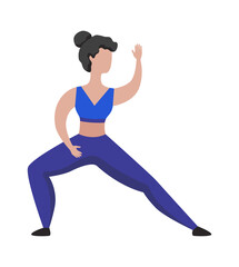 Fototapeta na wymiar Girl doing fitness exercise. Sport activity. Cartoon woman practicing yoga or qigong. Character standing in asana. Isolated teenager training. Gymnastic workout. Vector healthy lifestyle