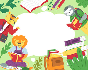 Animals read books background. Cartoon sloth and lion studying textbooks. Tiger greeting waves hand. Back to school concept. Frame mockup with copy space. Vector education for children