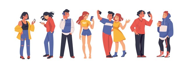 Social media people. Cartoon men or women using smartphones for selfie, messages, and communication. Teenagers chatting. Young characters holding phones. Vector persons with gadgets set