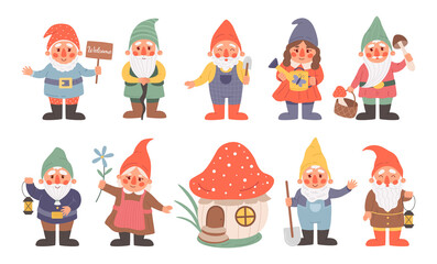 Fototapeta premium Fairy dwarf. Cartoon gnome characters with funny hats. Little magical bearded midgets. Isolated fictional lilliputians greeting waving hands. Mushroom house. Vector garden figures set