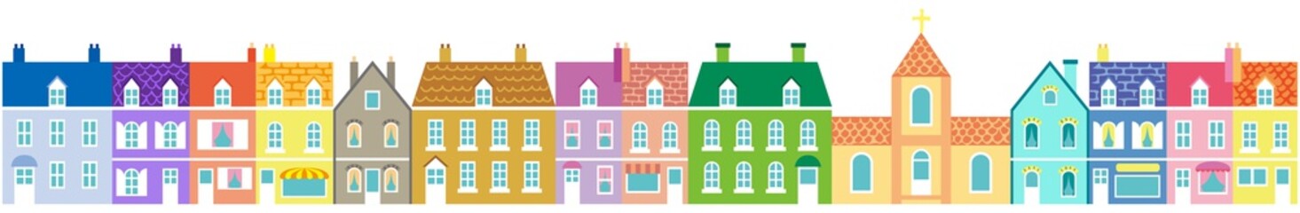 A street lined with colorful European-style houses