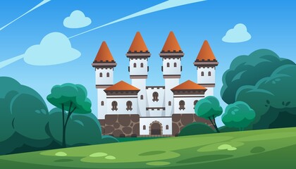 Castle. Cartoon landscape with medieval stronghold and forest. Scenic view of fortified building. European architecture. Fairy tale palace. White historic towers. Vector illustration
