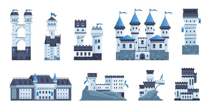 Castle. Cartoon medieval palace or fort with towers and flags. Ancient stone architecture. Isolated historic fortified buildings set. Military protective constructions. Vector strongholds
