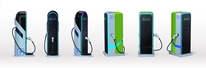 Car charger. Realistic electromobile charging station. View from different sides on 3D equipment set for auto accumulator recharging. Alternative fuel. Vector green energy technology