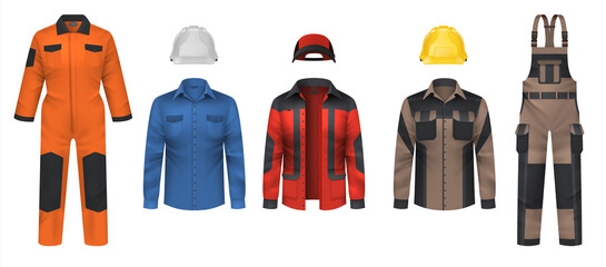 Realistic workwear. Overall uniform clothes. Jacket and helmet. Comfortable protective coveralls. Plumber and mechanic clothing. Professional outfit for workman. Vector garment set - obrazy, fototapety, plakaty