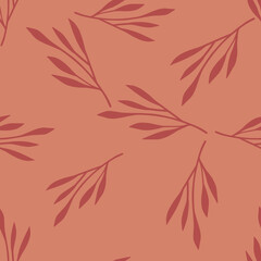 Random seamless pattern with simple style leaf branches shapes. Pink background. Bloom doodle artwork.