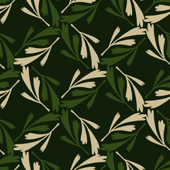 Herbal seamless pattern in geometric style with doodle simple leaf ornament. Dark green background.