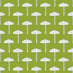 Decorative seamless pattern with white outline mushroom elements. Green background. Doodle style food print.