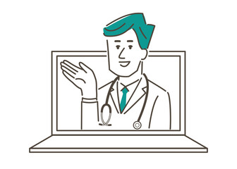 PCの中の若い男性医師のイラスト素材