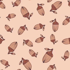 Decorative seamless pattern with random acorn elements print. Pink background. Natural ornament shapes.