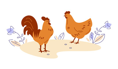 Rooster and hen. Vector illustration in flat cartoon style.