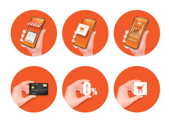 circle label with hand holding Credit card, 0% text, shopping cart icon, smartphone shop, ATM machine, smartphone on white background for shopping online concept,vector 3d isolated