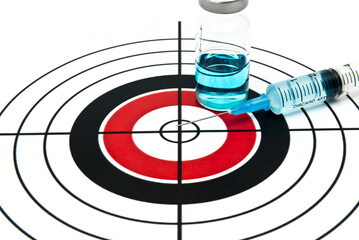 Drug targeting. Target biology, New targeted orphan drug injection, syringe and bottle on the bullseye - obrazy, fototapety, plakaty