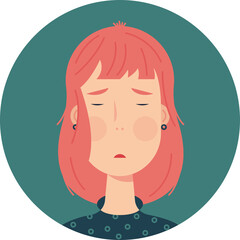 Red-haired sadness woman on green background.