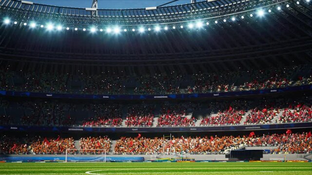 crowd fans wait soccer championship in stadium arena at day. High quality 4k footage