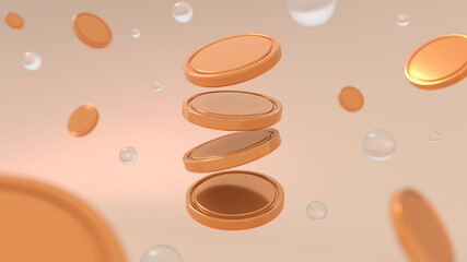 3d gold coins stack, Cute Cartoon Cloud, Frosted Glass and Ring
On Beige Background With Money Saving Concept Financial Planning, Floating Dropping Concept Gold Design and Pink Podium,Cryto fiat money