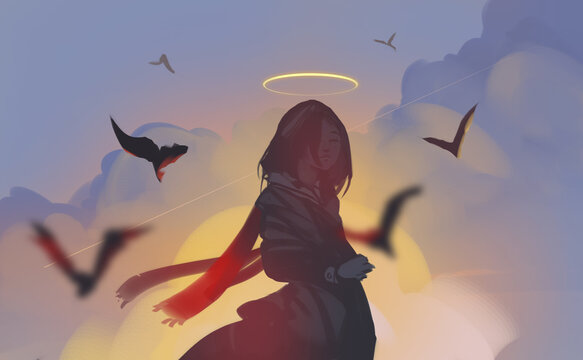 Digital illustration painting design style an angle standing among many birds, against sunset.  
