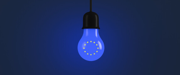 Glowing light bulb with the symbols of the European Union. Political poster.