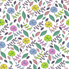 Children's illustration: colorful cotton and leaves on a white background. Illustration in soft pastel colors. For children's textiles, backgrounds, and packaging products.