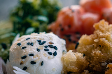 rice bowl avocado salmon kanikama breaded prawns teriyaki chicken