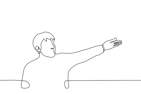 Man Points With His Left Hand Beyond The Border Of The Illustration - One Line Drawing. Concept Of Signpost, Guide, Router