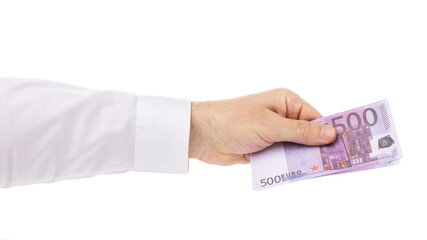 Man hand gives five hundred euros, isolated on white background