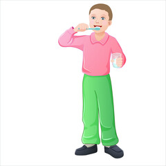 boy brushing his teeth while holding a glass of water