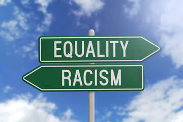 Equality or Racism - green road sign on sky background