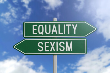 Equality or Sexism - green road sign on sky background
