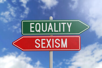 Equality or Sexism - green and red road sign on sky background