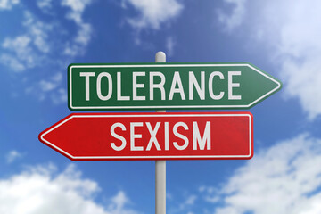 Tolerance or Sexism - green and red road sign on sky background