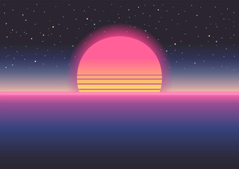 Sunrise, sunset landscape. Vector. Retrowave, synthwave, rave, vapor wave, cyberpunk background. Futuristic dream. Retro 80s, 90s style. Black, purple, pink, blue colors. Template, print, wallpaper