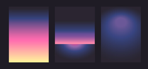 Neon light gradient. Futurism vector art set. Retrowave, synthwave, rave, vapor wave background. Retro, vintage 80s, 90s style. Black, purple, pink, blue, yellow colors. Print, wallpaper, web template