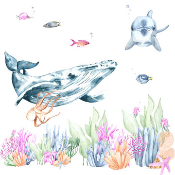 Watercolor picture of deep sea creatures. Perfect for printing, web, textile design, various souvenir products.