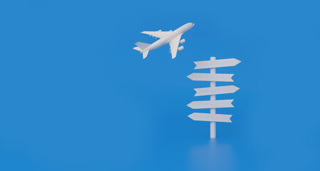 Fototapeta na wymiar Airplane fly and White crossroads signage pointing different directions on blue background. vacation concept.