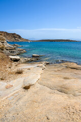 Monastiri beach in the Agios Ioannis Bay with turquoise and crystal water. Paros island, Cyclades,...
