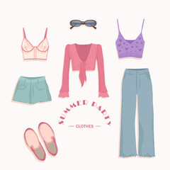 Women's summer outfit. Set of female clothes. Pink top, blue jeans, shorts, shoes, glasses. Hand drawn vector illustration