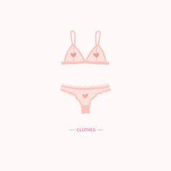 Trendy female underwear set. Panties and bras. Modern hand drawn colorful collection of women's underwear.  Sensuality and femininity concept. Vector illustration