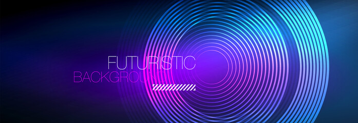 Dark abstract background with glowing neon circles. Trendy layout template for business or technology presentation, internet poster or web brochure cover, wallpaper