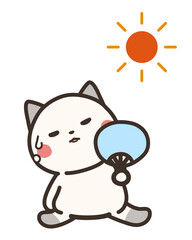 うちわを仰ぐ猫と太陽