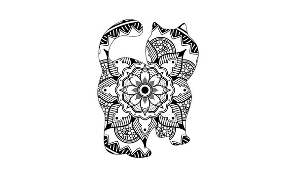 Abstract cat mandala in black and white for adult coloring books, monocrome animal vector pattern. Antistress design.