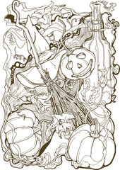 vector illustration autumn festival Halloween  ,hand drawing black liner,figure pumpkin,broom,hat,bottle candle,coloring book